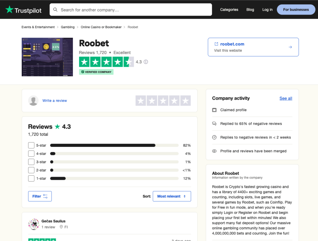 Trustpilot의 Roobet 리뷰 - 4.3 / 5